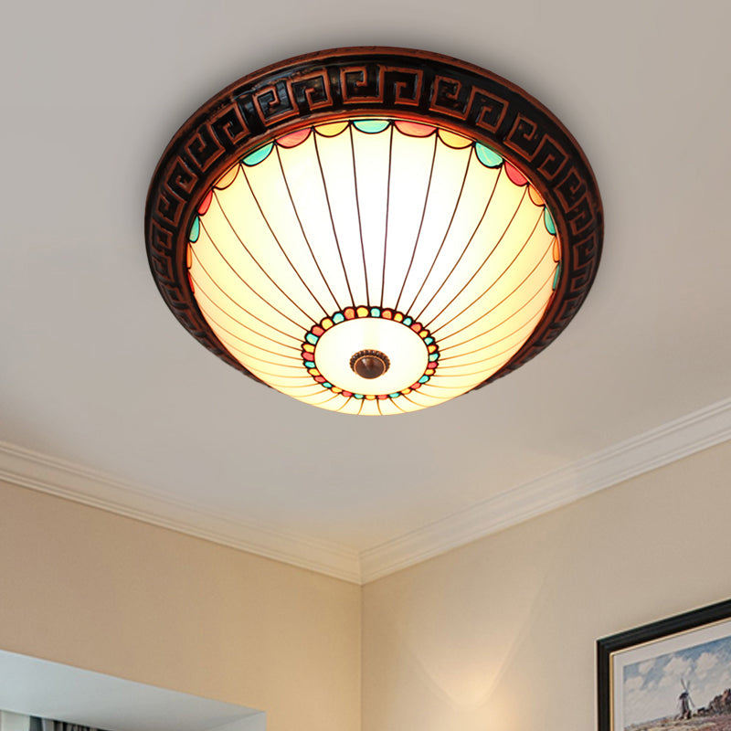 Bronze 2-Bulb Ceiling Flush Baroque White Glass Dome Flush Mount Lighting with Scalloped Edge