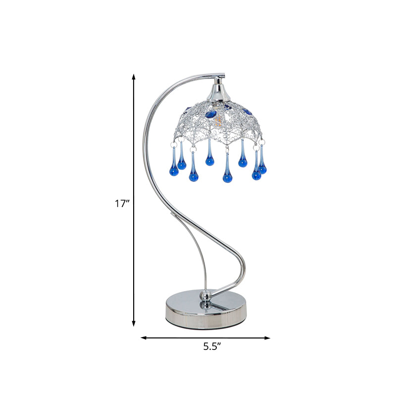 Regenschirm Metall Nachttisch Licht zeitgenössische LED -Chrom -Nachttisch -Lampe mit Tränenblau -Glasdekoration