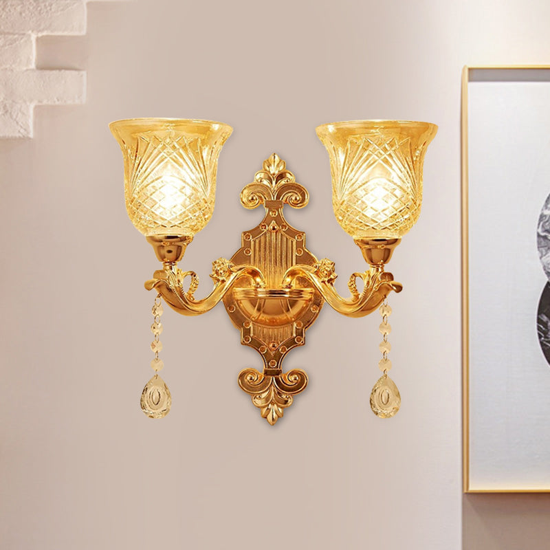 2 Lights Dome/Flower Up Wall Sconce Light European Gold Textured Crystal Wall Lamp Fixture