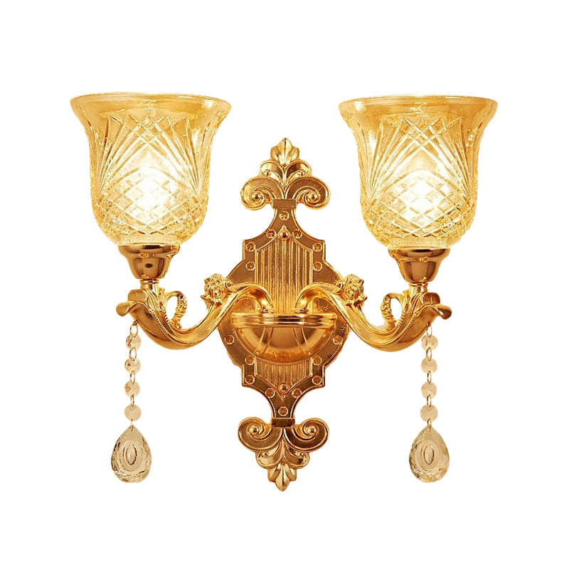 2 Lights Dome/Flower Up Wall Sconce Light European Gold Textured Crystal Wall Lamp Fixture