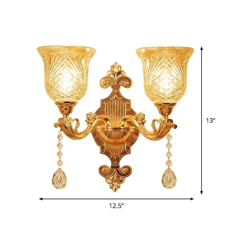 2 Lights Dome/Flower Up Wall Sconce Light European Gold Textured Crystal Wall Lamp Fixture