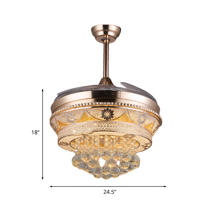 Rose Gold LED Ceiling Fan Light Modern Crystal Round Semi Flush Mount with 3 Retractable Blades, 42.5" Width