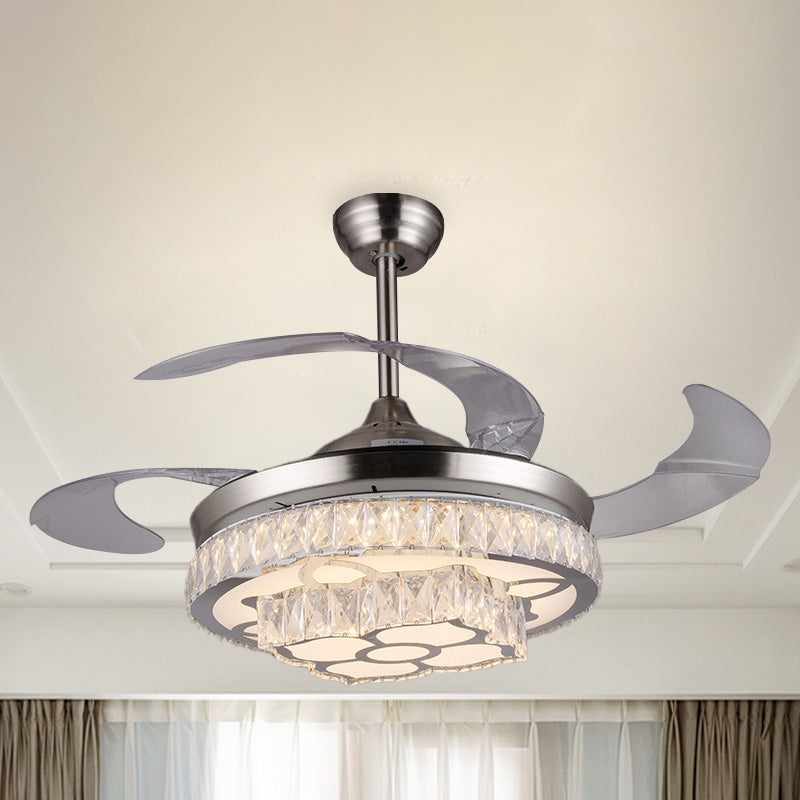 Modern Flower LED Ceiling Fan 42.5" Wide 3-Blade Crystal Encrusted Semi Flush Mount Light Fixture in Nickel