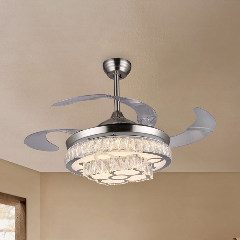 Modern Flower LED Ceiling Fan 42.5" Wide 3-Blade Crystal Encrusted Semi Flush Mount Light Fixture in Nickel