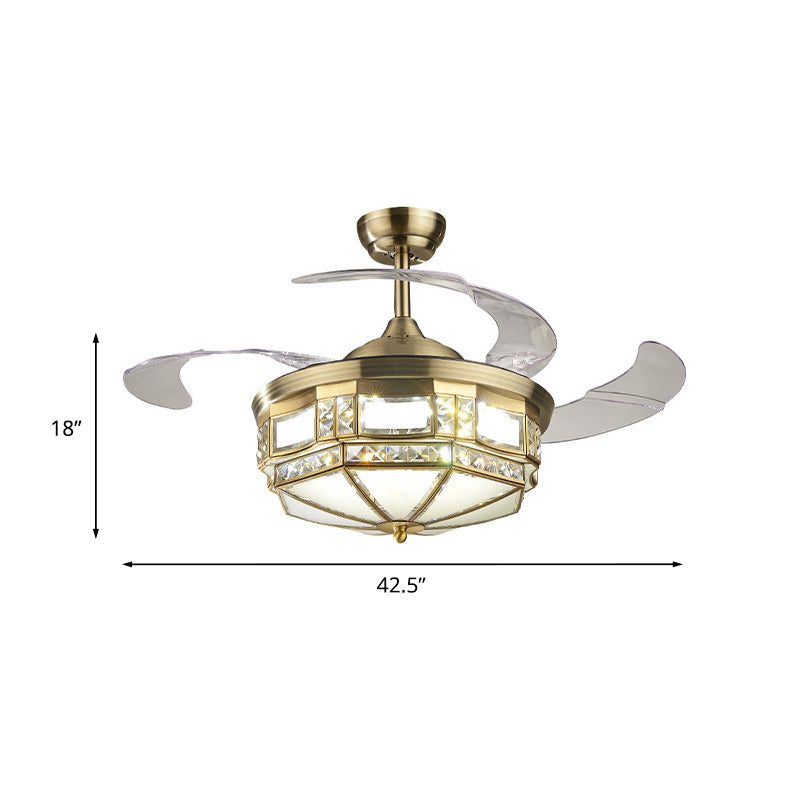 Yurt Shaped Bedroom LED Fan Light Kit Traditional Crystal 3-Blade 42.5" Wide Brass Semi Flush Mount