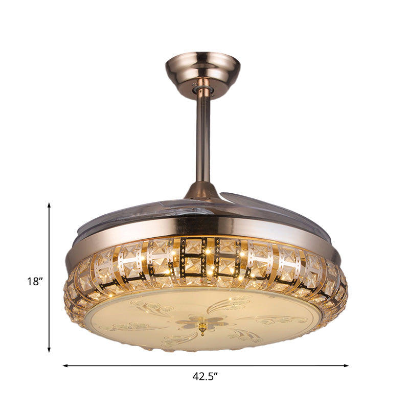 3 Blades Round LED Fan Light Fixture Modernism Gold Finish Crystal Semi Flush Light, 42.5 Inch Wide