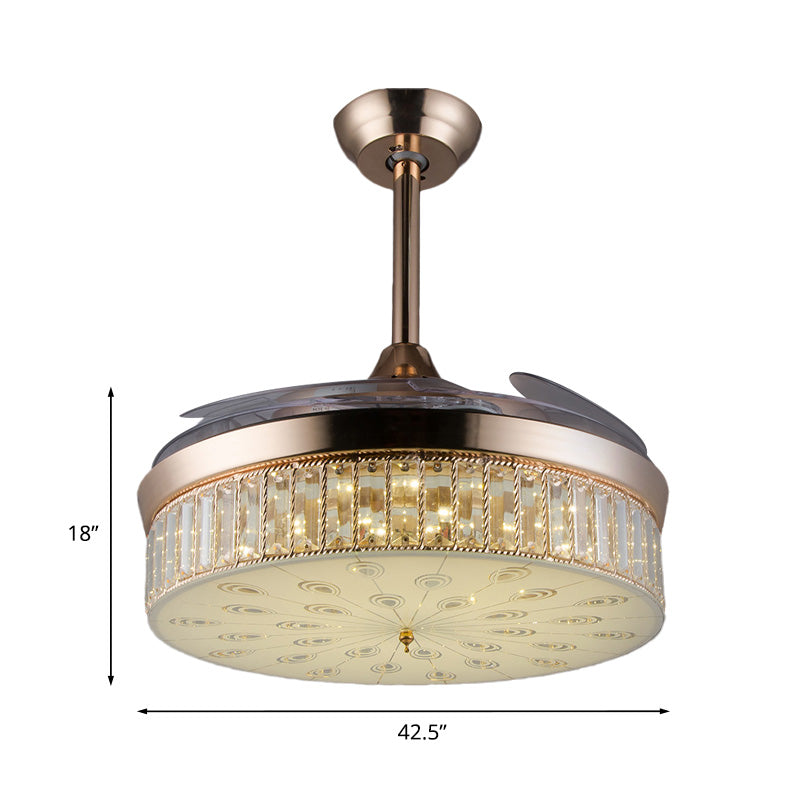 Modern Round Flush Ceiling Fan 3 Blades Crystal LED Semi Flush Mount Lighting in Gold, 42.5" Wide