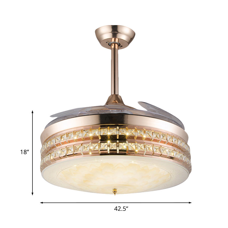 3 Blades LED Flush Mount Ceiling Fan Simple Bedroom Semi Flush with Drum Crystal Inlaid Shade in Gold, 42.5" Width