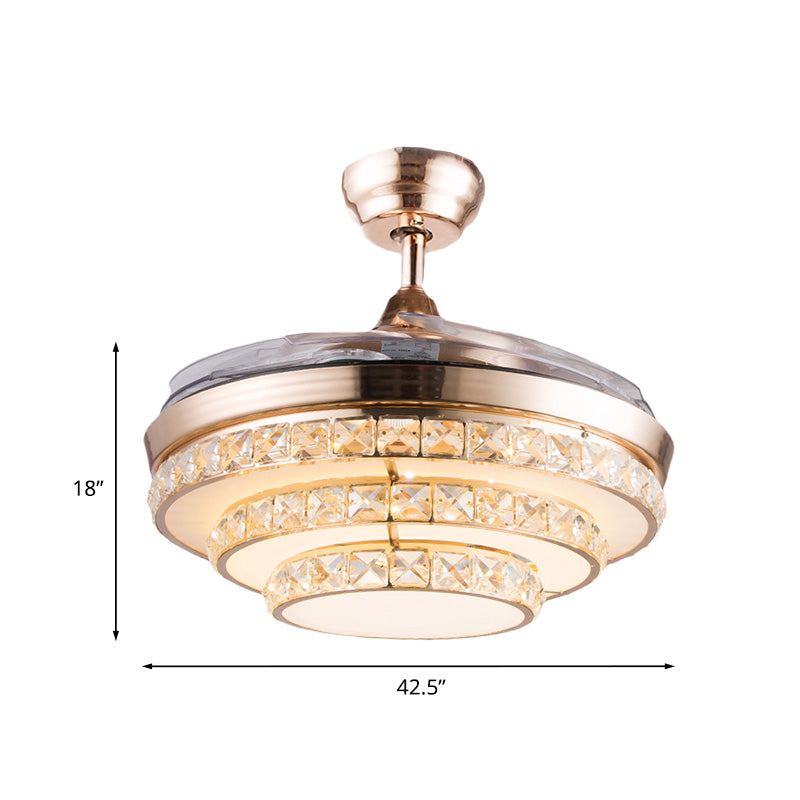 42.5" Wide Gold 3 Tiers Semi Flush Light Modernist Crystal Living Room LED Flush Mount Ceiling Fan Light with 3 Blades