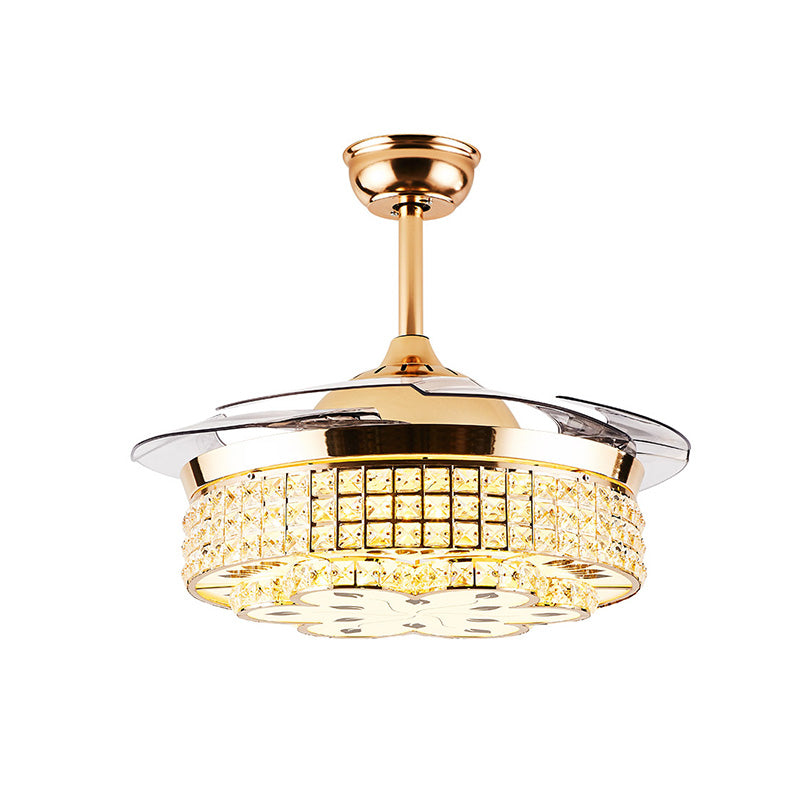 Grid Crystal Embedded Ceiling Fan Lamp Modern Hotel 42" Wide LED Semi Flush Mount Light in Gold, 4-Blade