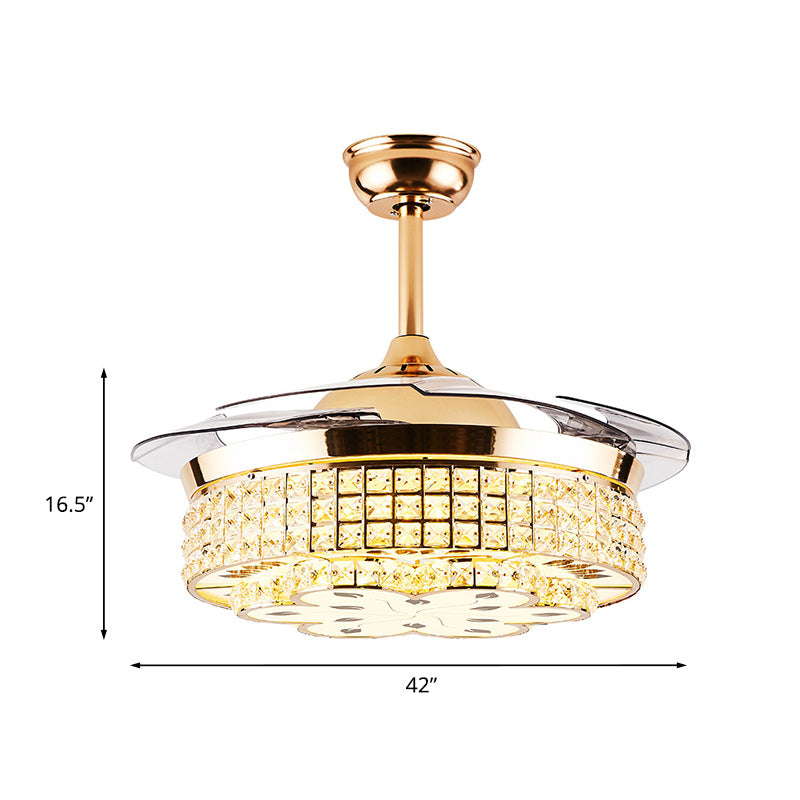 Grid Crystal Embedded Ceiling Fan Lamp Modern Hotel 42" Wide LED Semi Flush Mount Light in Gold, 4-Blade