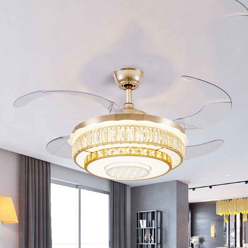 42" Wide Crystal 2-Tier Round Fan Lamp Modern Sitting Room LED Semi Flush Light Fixture in Gold with 4 Clear Blades