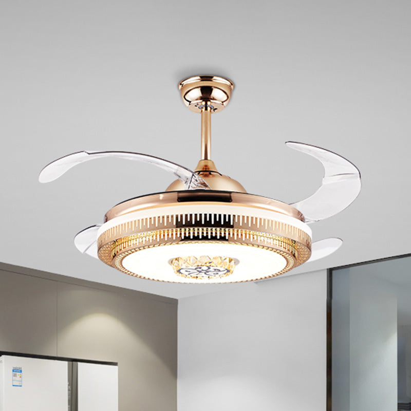 Circular Living Room Fan Lighting Modernism Crystal 4-Blade Gold LED Semi Flush Ceiling Light, 42" Wide