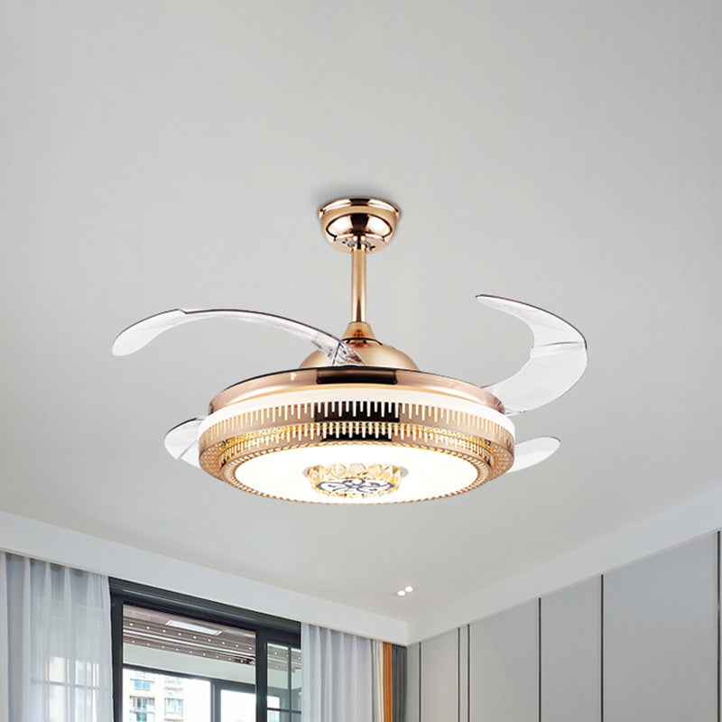 Circular Living Room Fan Lighting Modernism Crystal 4-Blade Gold LED Semi Flush Ceiling Light, 42" Wide