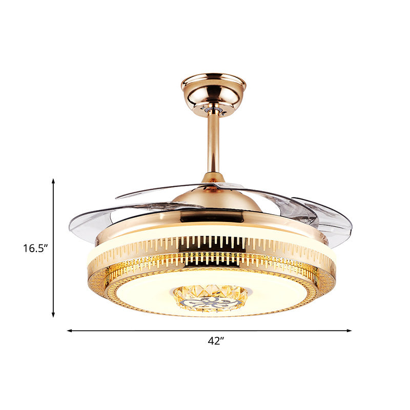 Circular Living Room Fan Lighting Modernism Crystal 4-Blade Gold LED Semi Flush Ceiling Light, 42" Wide