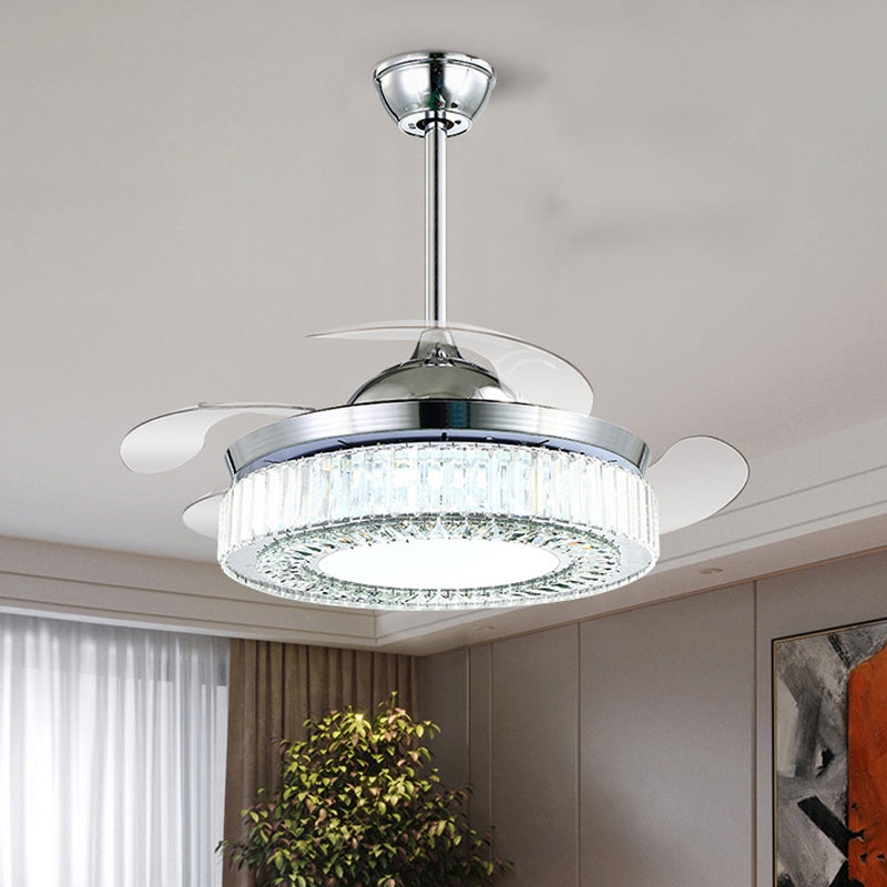 47" Wide LED Flush Ceiling Fan Minimalist Round Crystal Semi Flush Light with 4 Retractable Blades in Chrome