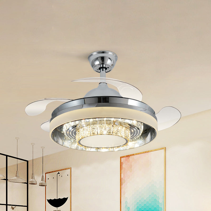 Crystal Chrome Fan Lighting Round Modern 42" Wide LED Semi Flush Ceiling Light Fixture with 4 Blades