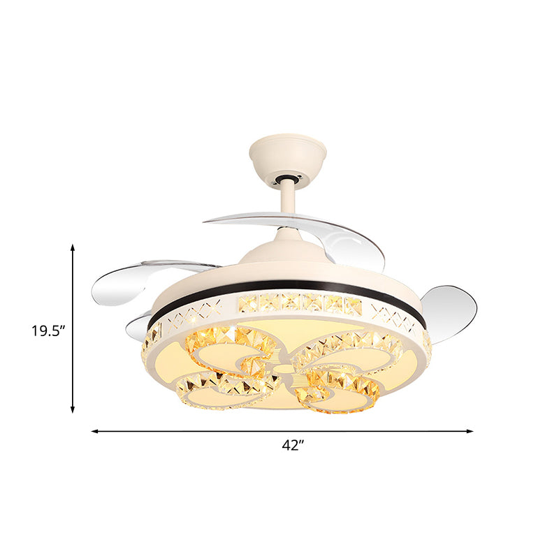 Matte White LED Semi Flush Mount Nordic Crystal Butterfly Flush Mount Ceiling Fan Light with 4-Blade, 42" Wide