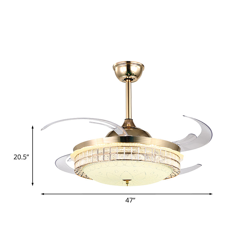 Crystal Bowl Ceiling Fan Lamp Simplicity 4 Blades Bedroom LED Semi Flush Light in Gold, 47" Wide