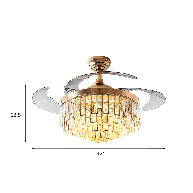 Multi-Layer Crystal Rectangle Semi Flush Postmodern 3-Blade Dining Room LED Ceiling Fan Light in Gold, 42" Width