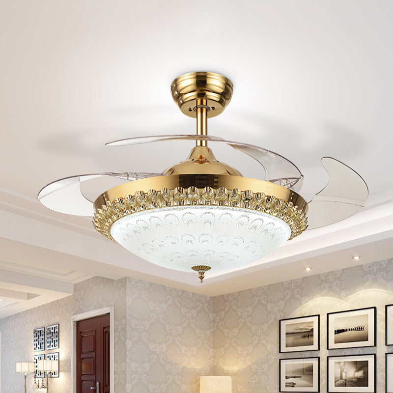 3-Blade LED Fan Light Fixture Minimalist Living Room Semi Flush Ceiling Light with Bowl Crystal Shade, 42.5" Wide