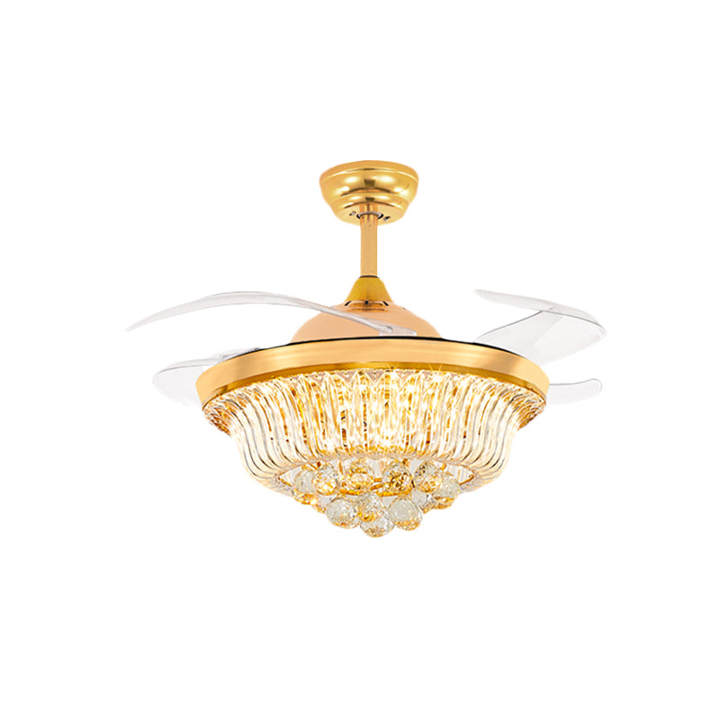 4 messen taps toelopende spoelplafondventilator modern goud kristal semi -vlakke gemonteerde lamp, 42,5 "breedte