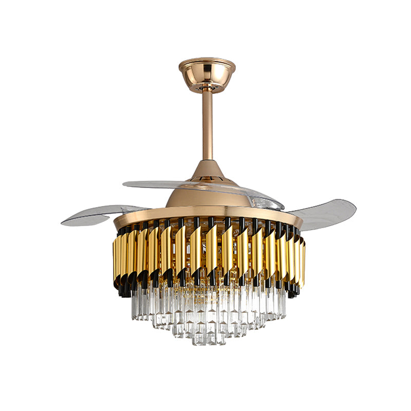 Layered Crystal Black/Gold Ceiling Fan Tapered Drum 3-Blade Postmodern LED Semi Flush Light, 42.5" Width