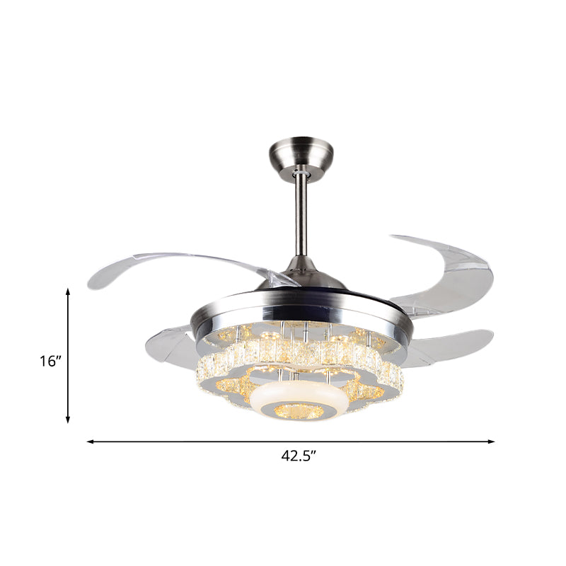 Crystal Blossom Fan Lamp met 4-bladen Modernisme Modernisme Eettafel 42.5 "Breed LED Semi Flush Ceafing Light in Chrome