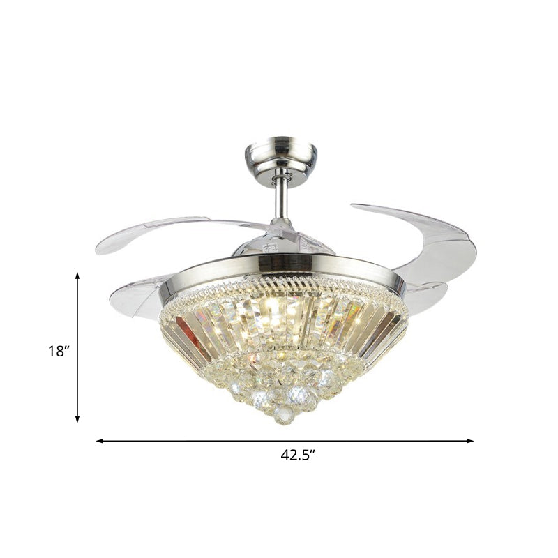 Zilveren kegelvormige plafondventilator lichtkit Modern Crystal 3 Blades Slaapkamer LED Semi Flush, 42,5 "breed