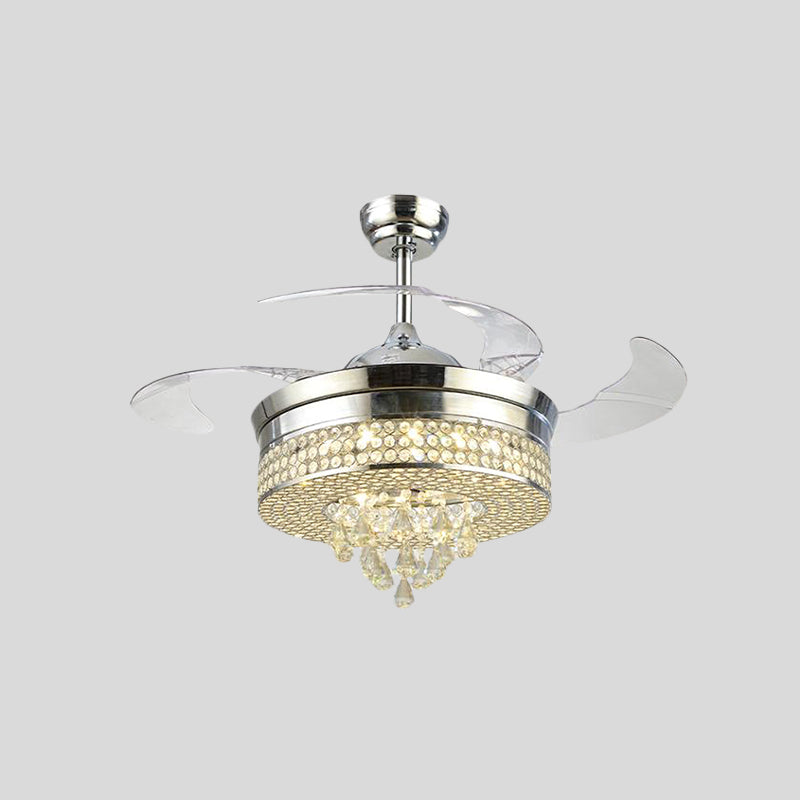 42.5" Wide Minimalist Round Fan Light 3-Blade LED Crystal Semi Flush Mount Ceiling Fixture with Cone Drops in Chrome