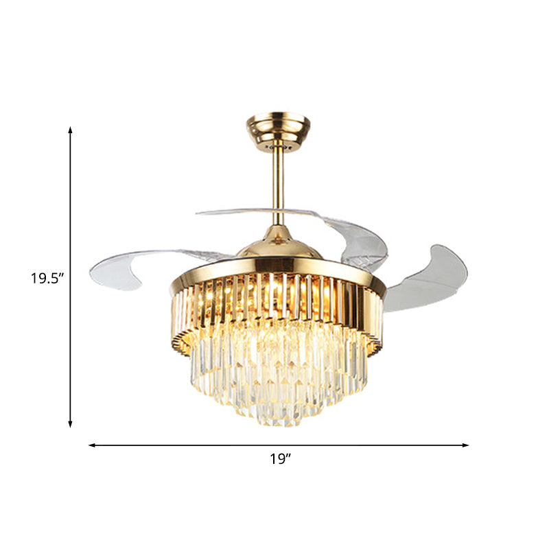 19" W 3-Blade Crystal Flush Ceiling Fan Modern Gold Tapered Layer Parlor LED Semi Flush Mount Lighting