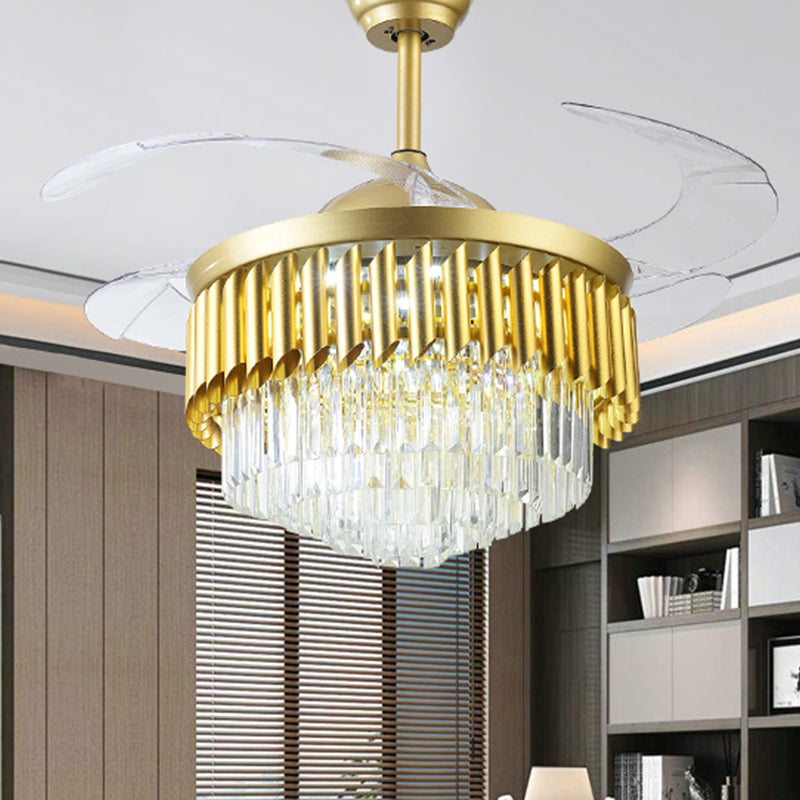 Postmoderne multi-tier ventilatorverlichting 3 bladen kristal LED semi-spoelplafondlicht in goud, 19 "breed