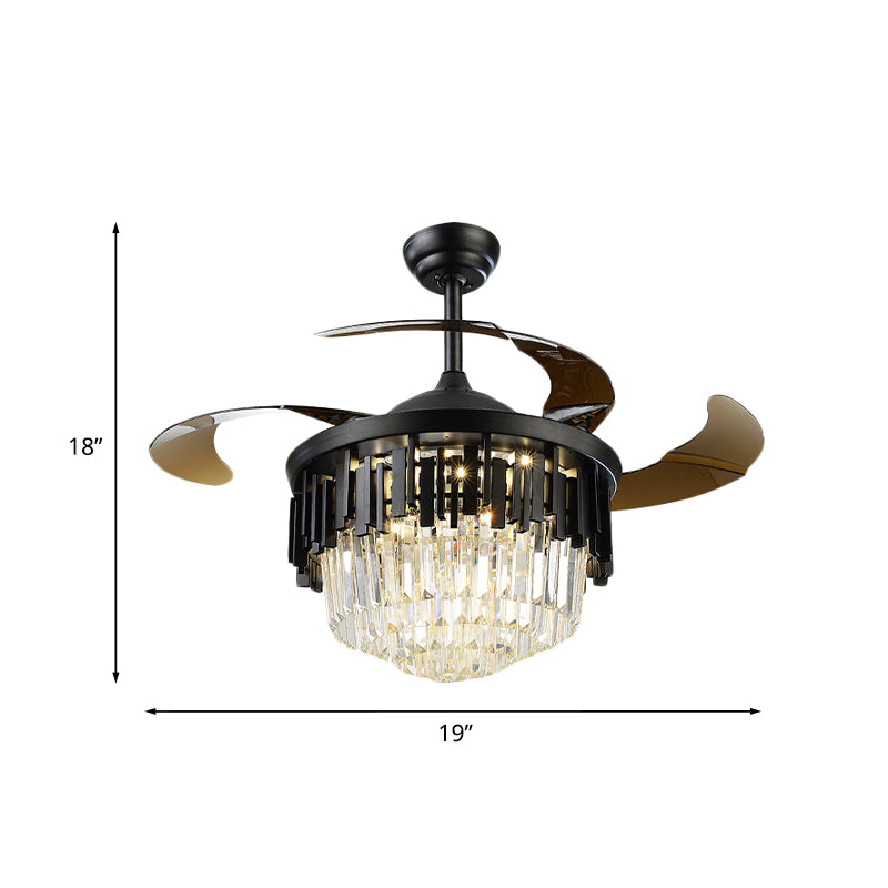 Black/Gold Layered Drum Fan Lamp Postmodern Crystal 3-Blade Dining Room LED Semi Flush Light, 19" Wide