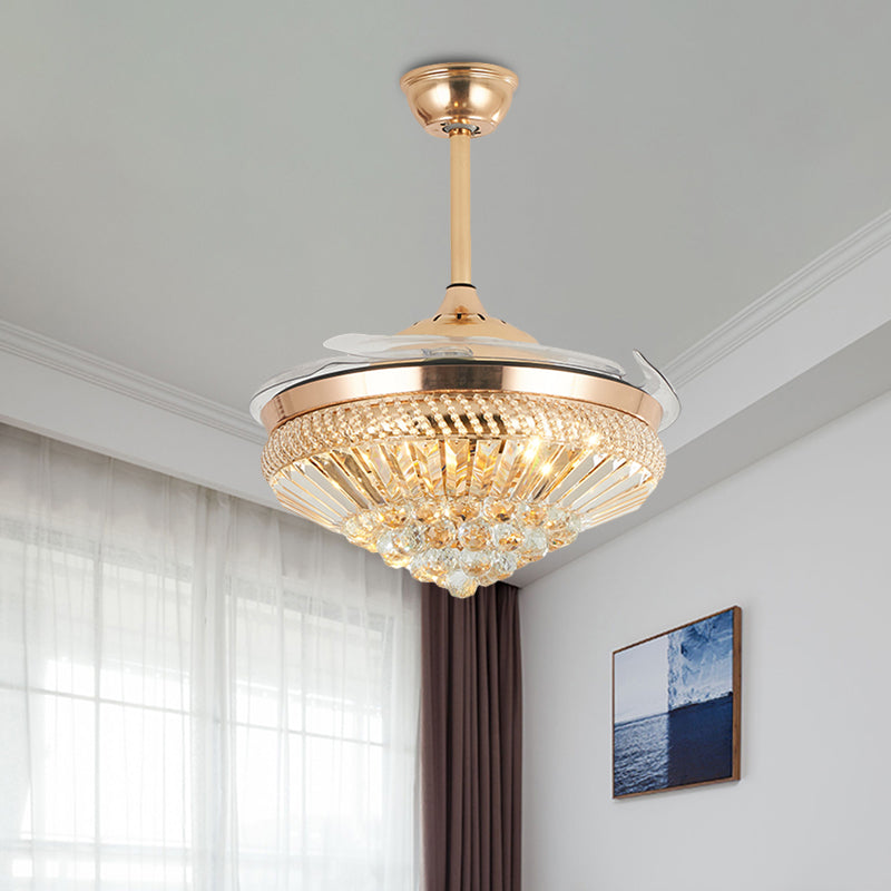 Modernism Conical Semi Mount Lighting Crystal LED 5 Blades Hanging Fan Lamp in Gold, 19.5" W