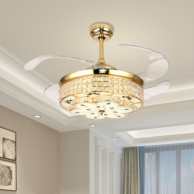 19" W Modern Drum Semi Flush Mount Light Fixture 4 Blades Crystal Ceiling Fan Lamp in Gold