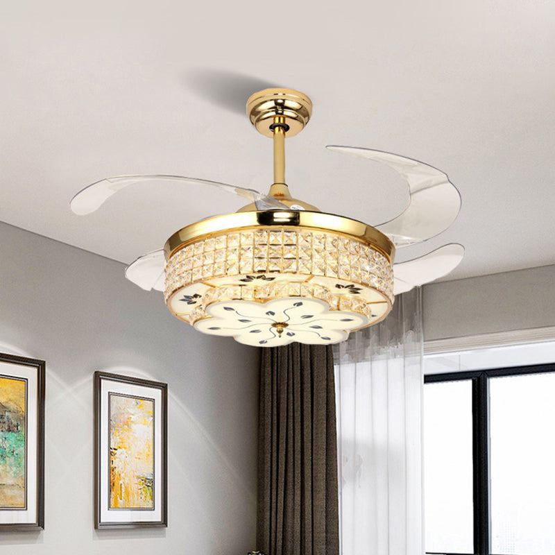 19" W Modern Drum Semi Flush Mount Light Fixture 4 Blades Crystal Ceiling Fan Lamp in Gold