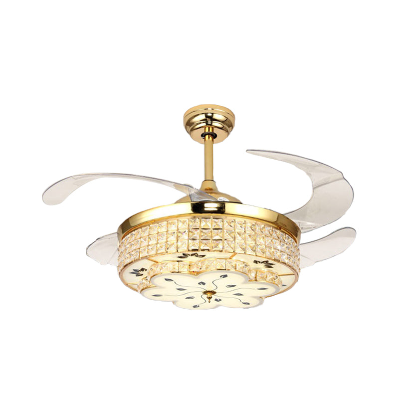 19" W Modern Drum Semi Flush Mount Light Fixture 4 Blades Crystal Ceiling Fan Lamp in Gold