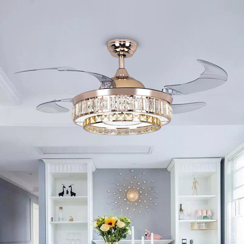 4 Blades Semi Flush with Drum Shade Crystal Contemporary Living Room Pendant Fan Lighting in Gold, 19.5" W