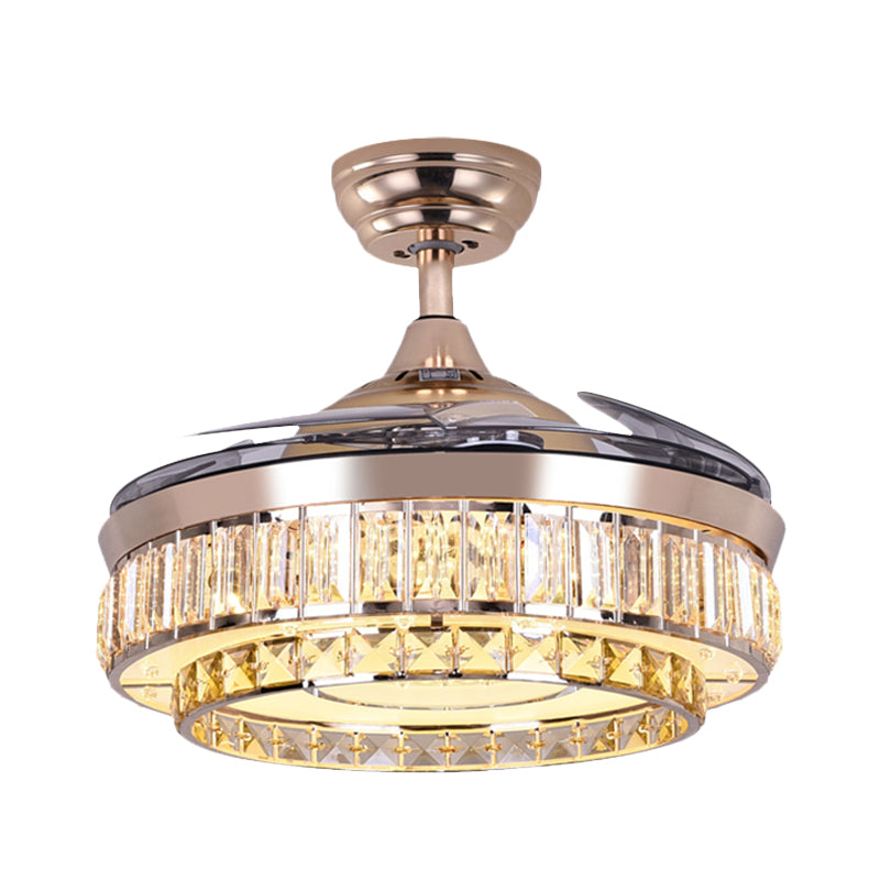 4 messen semi -spoeling met trommelschaduw kristal eigentijdse woonkamer hanger ventilatorverlichting in goud, 19,5 "w