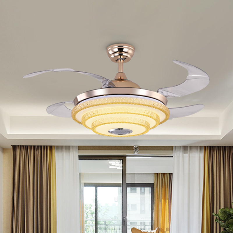 3-Layered Cone Semi-Flush Ceiling Light Modernism LED 4-Blade Crystal Hanging Fan Lamp in Gold, 19.5" Width