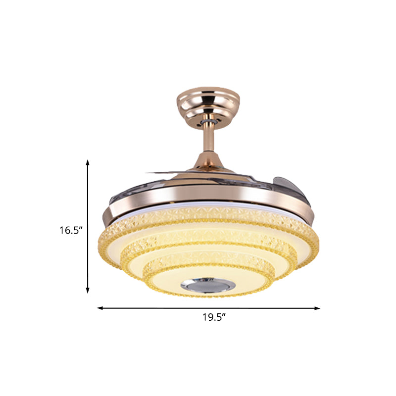 3-Layered Cone Semi-Flush Ceiling Light Modernism LED 4-Blade Crystal Hanging Fan Lamp in Gold, 19.5" Width