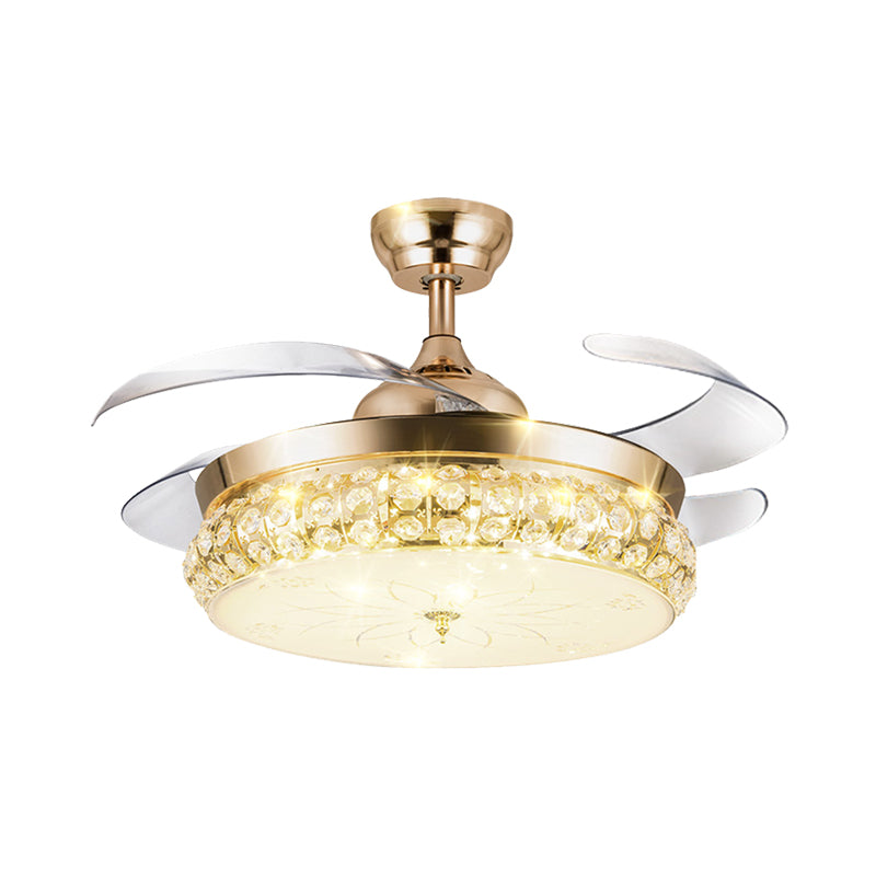 4 Blades Arch Hanging Fan Light Contemporary Gold Crystal Semi Flush Light, 19.5" W