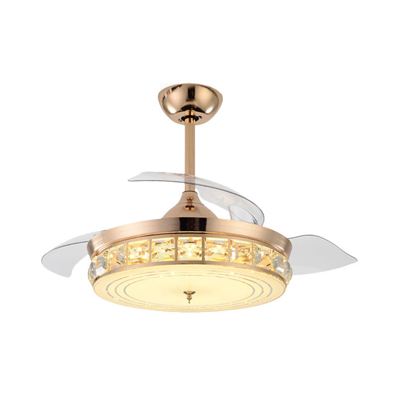 Drum Semi Flush Mount Light Modernist 19.5" W 4 Blades Crystal Ceiling Fan Lighting in Gold