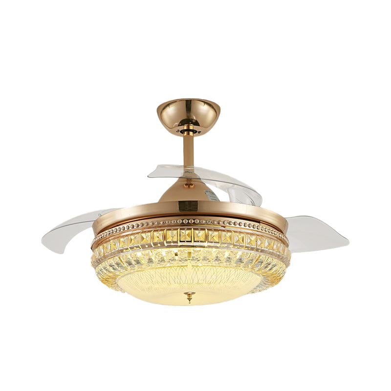 4 Blades Inserted Glass Hanging Fan Lamp Contemporary Gold Drum Living Room Semi Flush Mount Lighting, 19.5" Width