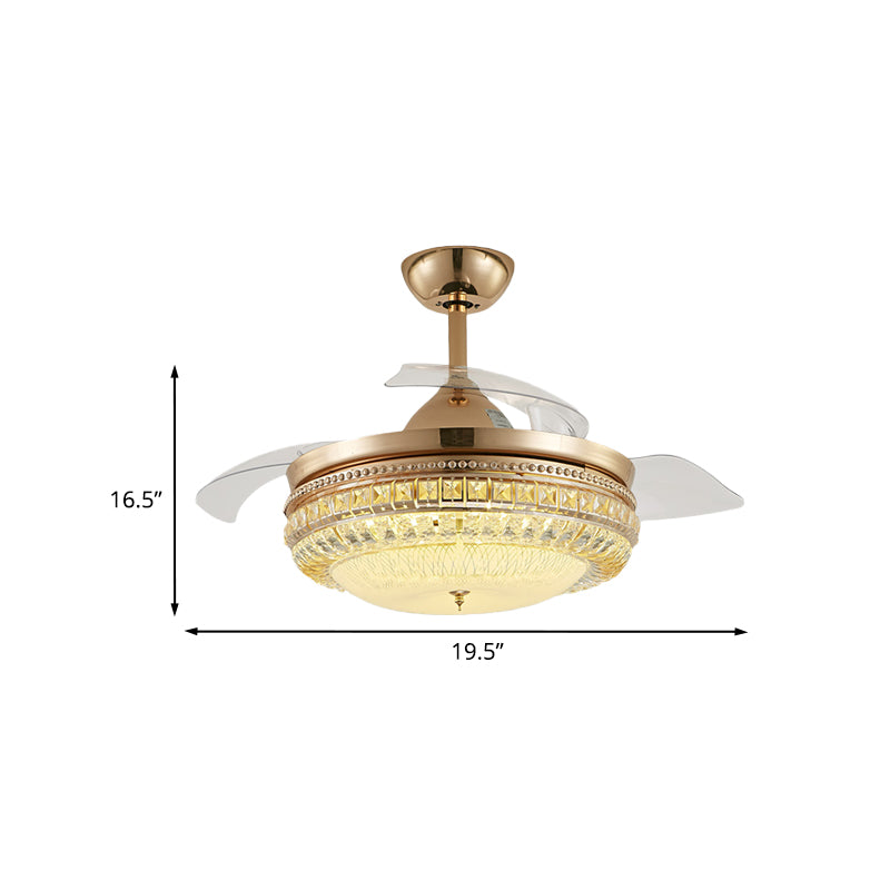 4 Blades Inserted Glass Hanging Fan Lamp Contemporary Gold Drum Living Room Semi Flush Mount Lighting, 19.5" Width