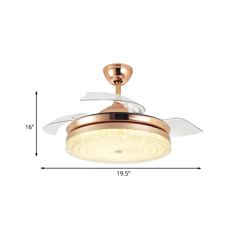 Crystal Drum Ceiling Fan Lamp Contemporary 4 Blades Dining Room Semi Flush Mount Light Fixture in Gold, 19.5" Width