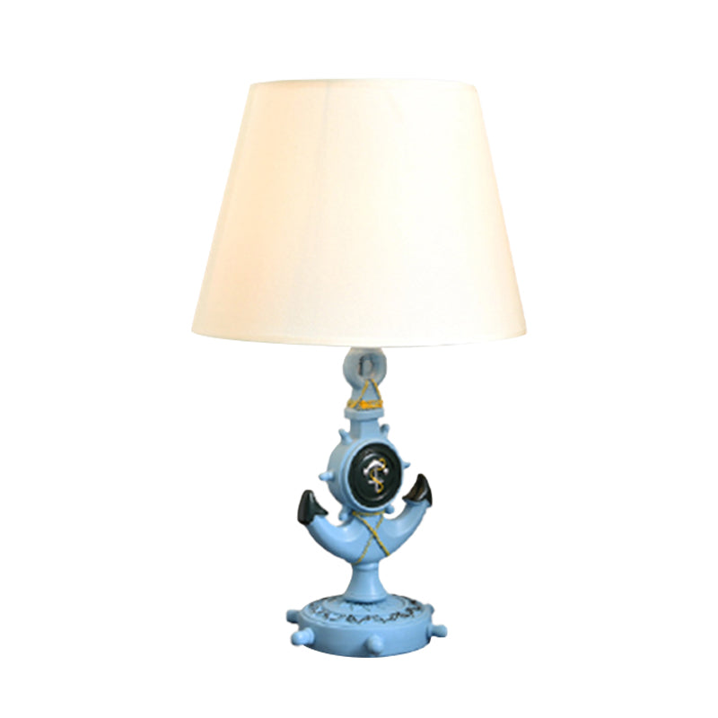 Anchor Shape Resin Night Table Light Mediterranean 1 Bulb Light Blue Desk Lamp with Barrel White Fabric Shade