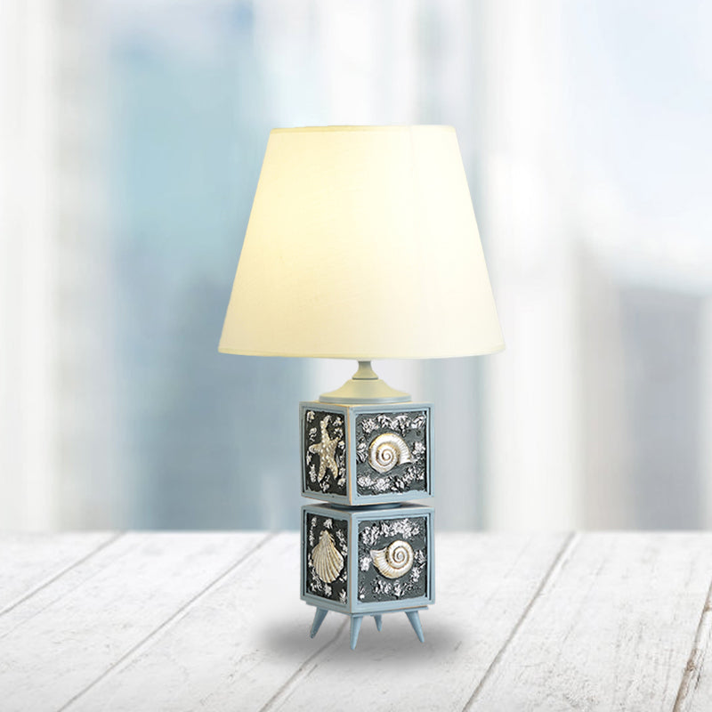 2-Cube Nightstand Light Mediterranean Style Resin Single Bedroom Fabric Table Lamp in Sky Blue/Water Blue