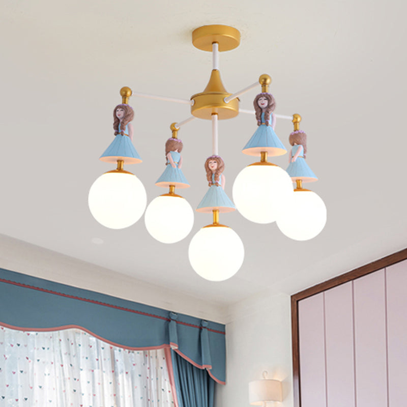 Cartoon Girl Semi-Flush Ceiling Light Resin 5-Bulb Kids Bedroom Flush Mount with Ball White Glass Shade in Blue