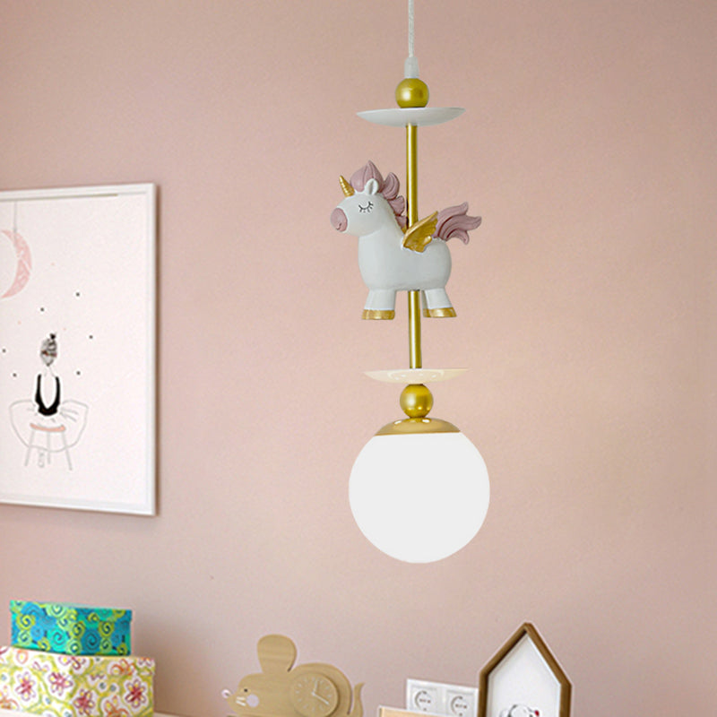 1-Light Bedside Pendant Lighting Cartoon Gold Unicorn Hanging Lamp with Sphere White Glass Shade